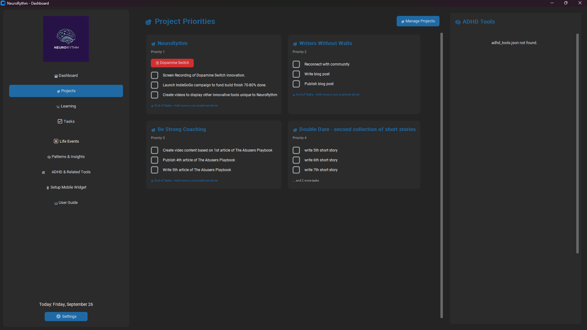 Projects Panel for NeuroRythm
